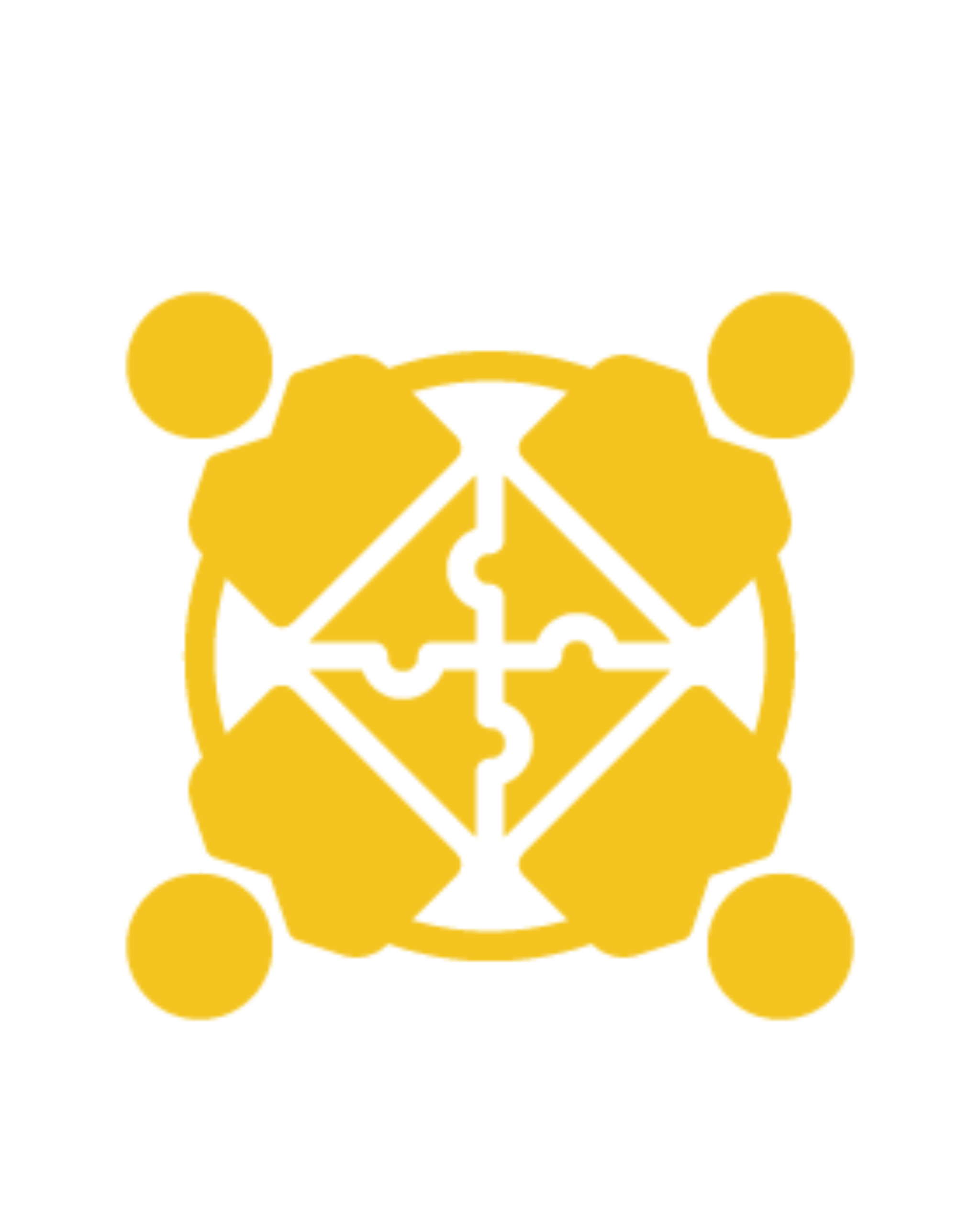 A golden abstract icon representing teamwork and collaboration, with four circular elements surrounding a central puzzle-like design symbolizing unity and partnership.