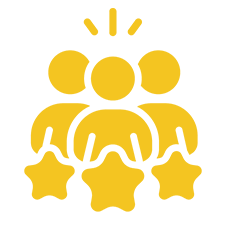 A golden icon showing a group of three expert figures with stars below them, symbolizing a team of highly skilled and top-rated professionals.