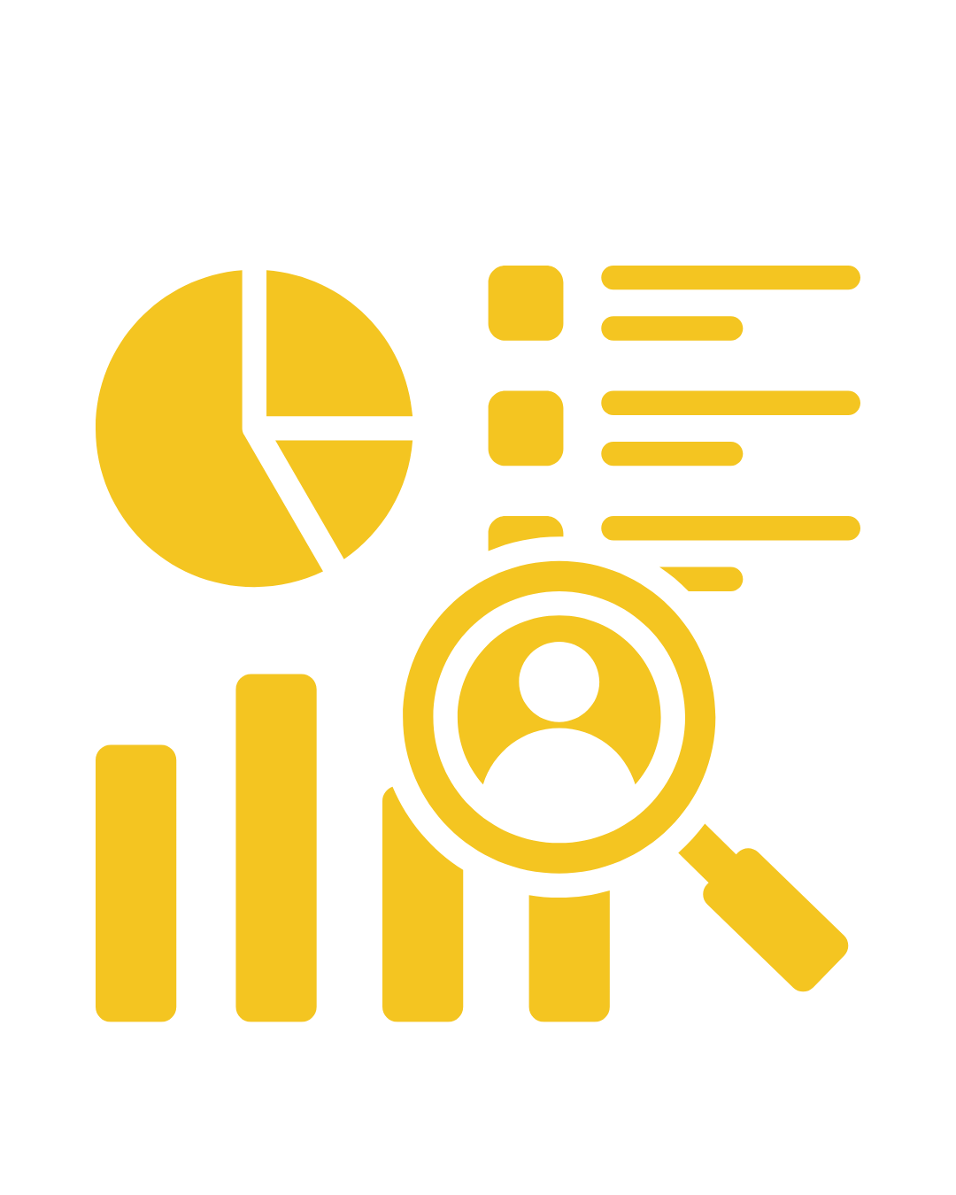 Icon of a pie chart, bar graph, checklist, and magnifying glass showcasing analytics and reporting.