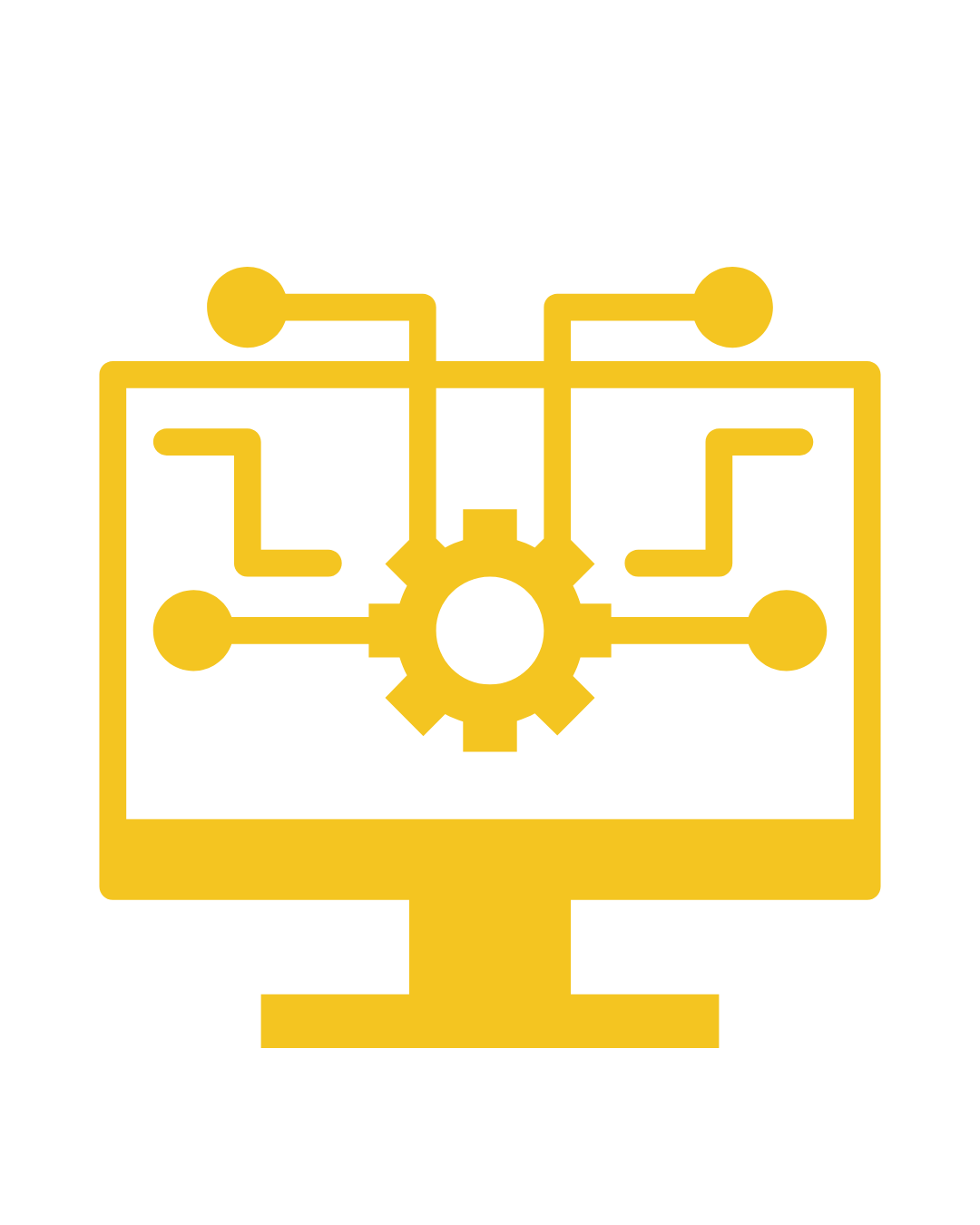 Icon of a computer monitor showing interconnectedness and cog.